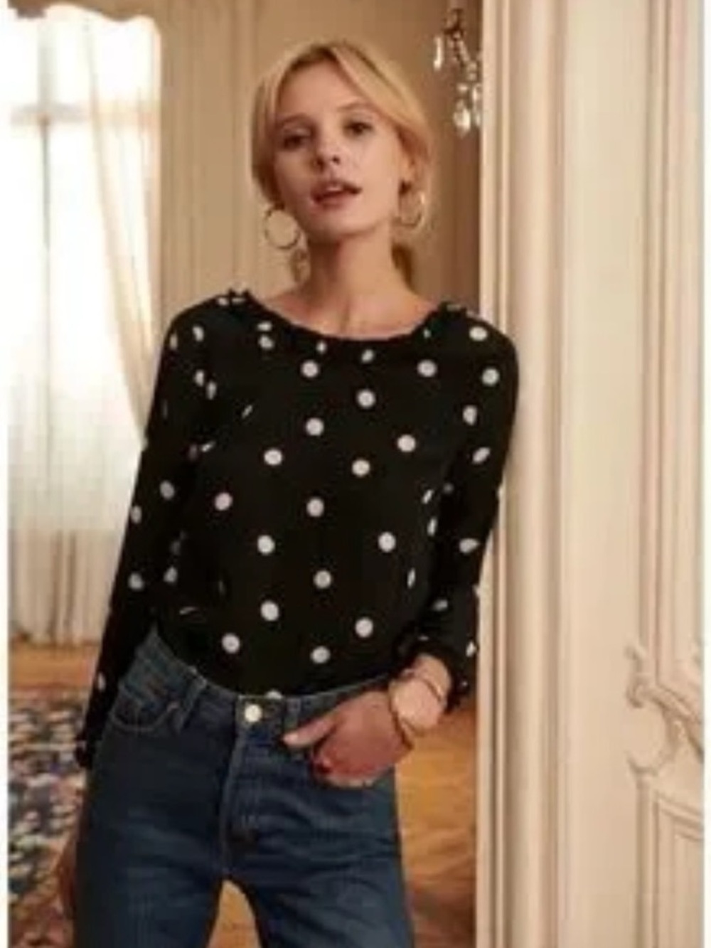 Sezane. Silk Polka Dot Scoop Back Blouse. Black/Cream. Size Medium (38).